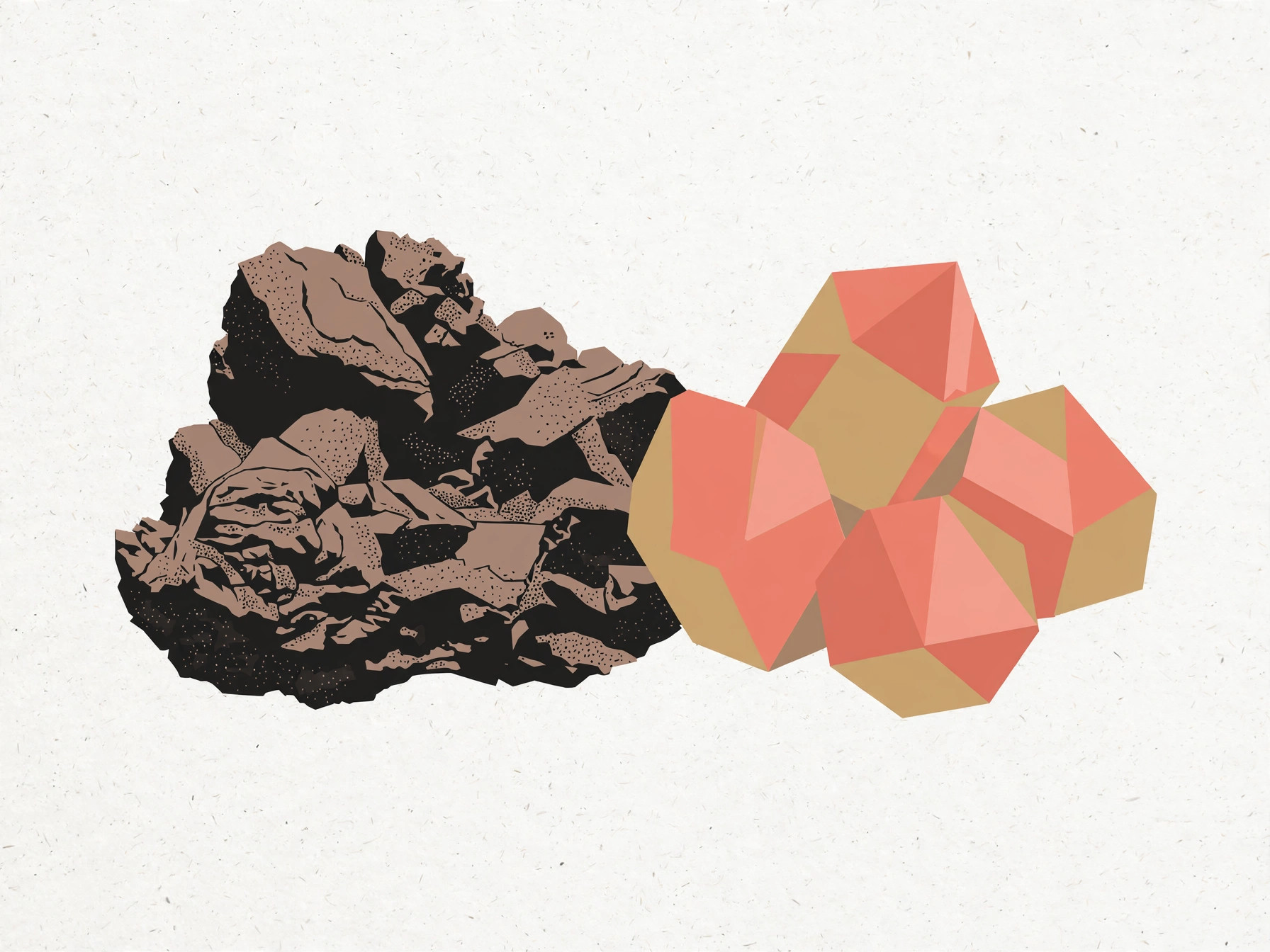 Abstract illustration of raw ore becoming cut crystal